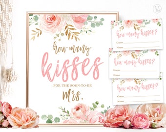 Bridal Shower Game, How Many Kisses For The Soon To Be Mrs, Printable Game Sign and Answer Cards, Floral, Blush Pink and Gold, VWC95