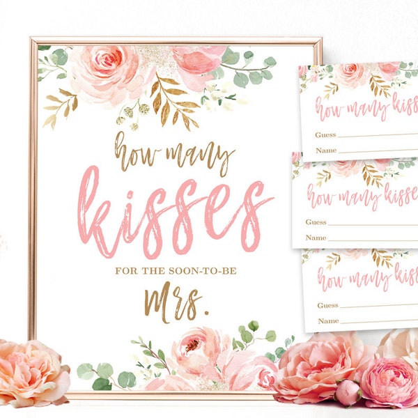 Bridal Shower Game, How Many Kisses For The Soon To Be Mrs, Printable Game Sign and Answer Cards, Floral, Blush Pink and Gold, VWC95