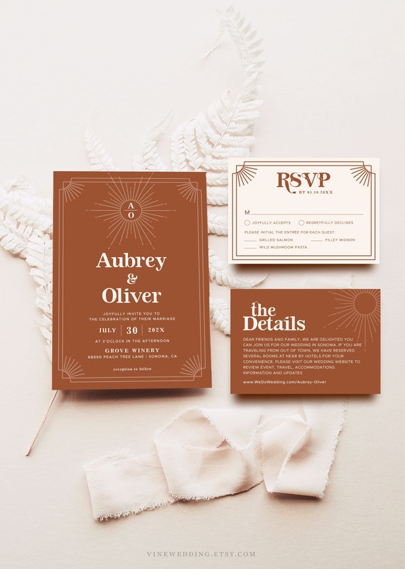 Retro Wedding Invitation Set, Mid Century Wedding Invitation, Terracotta Boho Wedding Invitation Template, Editable, Printable, VWC68