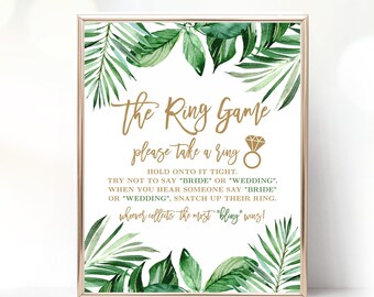 Bridal Shower Game, The Ring Game, Please Take a Ring Sign, Printable Game Sign, Tropical Greenery, Palm Leaves, Gold, VWC81