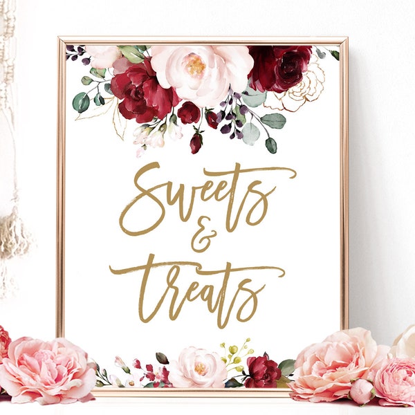 Sweets & Treats Sign, Printable Sweets and Treats Sign, Dessert Table Sign, DIY Bridal Shower Sign, Burgundy Pink Floral, Gold, VWC83