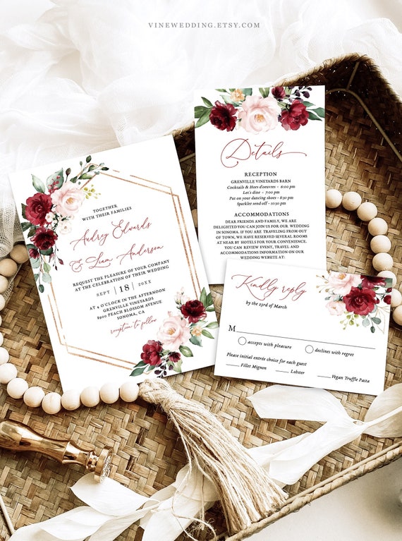 Burgundy Wedding Invitation Set, Printable Wedding Invitation Template, Burgundy Invitation Set, Marsala, Pink, Plum, Wine, Floral, VWT14