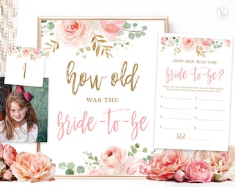 Bridal Shower Game, How Old Was the Bride-to-Be, Printable Game Sign, Answer Cards, Photo Numbers 1-8, Floral, Blush Pink, Gold, VWC95