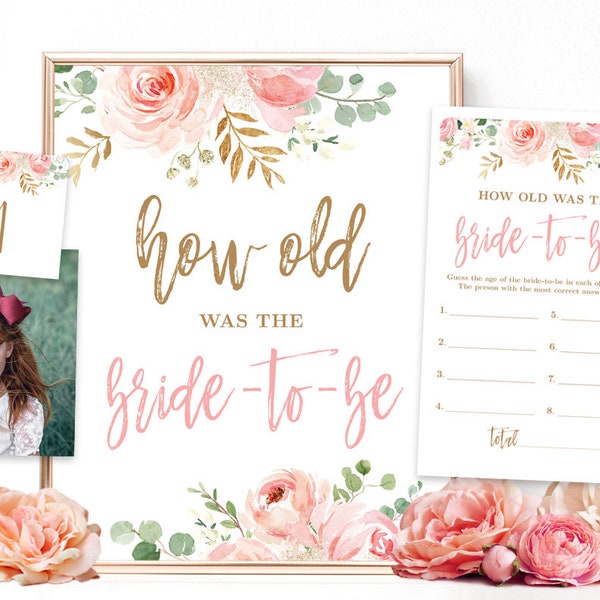 Bridal Shower Game, How Old Was the Bride-to-Be, Printable Game Sign, Answer Cards, Photo Numbers 1-8, Floral, Blush Pink, Gold, VWC95