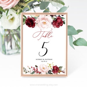 Wedding Table Numbers, Printable Table Number Cards Template, Editable, 5x7 or 4x6, Burgundy Pink Floral, Fall, Plum, Blush, VWT14