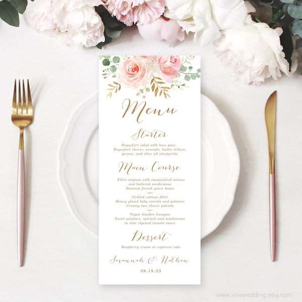 Blush Pink Floral Wedding Menu, Printable Wedding Menu Template, DIY Wedding Menu, Blush Pink, Gold, VWC94