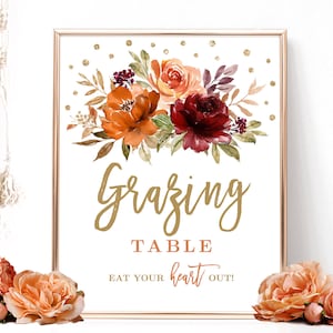 Grazing Table Sign, Eat Your Heart Out!, Food Table Sign, Bridal Shower, Wedding, Fall, Autumn, Sienna, Burnt Orange, Floral, VWC76, VWC74