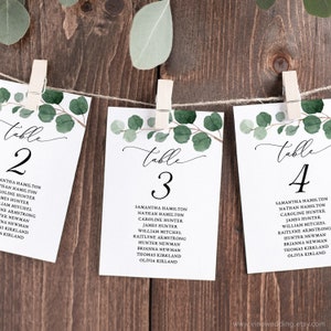 Greenery Seating Chart Cards, Printable Wedding Seating Chart Template, Editable, 4x6 and 5x7, Elegant, Modern Greenery, VWT10