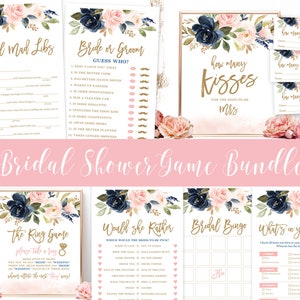 Bridal Shower Game Bundle, Printable Bridal Shower Games, Seven Fun Bridal Party Games, Navy, Blush, Pink, VWC78