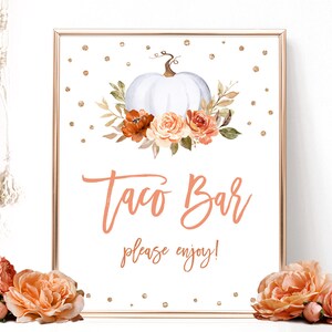 Taco Bar Sign, Printable Bridal Shower Sign, DIY Taco Bar Sign, Fall, Autumn, Pumpkin, Floral, Gold, VWC75
