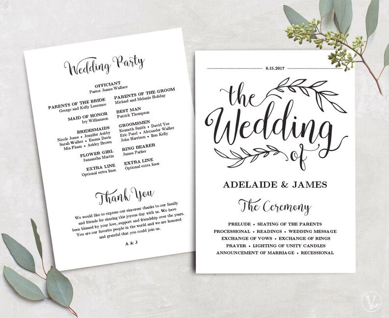 Printable Wedding Program, Wedding Program Template, Kraft Wedding Programs, Cheap DIY program, EDITABLE Text, 5x7, VW01 image 2