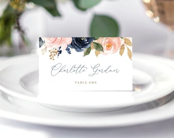 Wedding Place Card and Escort Card Template, Editable Wedding Place Card, Navy and Blush Pink Floral, Blue, Gold, VWT13