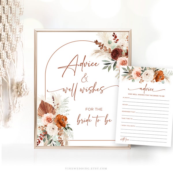 Advice and Well Wishes for the Bride to Be, Printable Bridal Shower Advice Sign and Cards, Editable, Boho, Pampas, Palm, VWC71