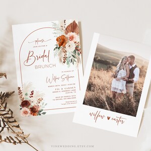 May include: A printable bridal brunch invitation with a boho floral design. The invitation features a watercolor illustration of flowers, pampas grass, and a terracotta arch. The text reads "Please join us for a Bridal Brunch in honor of Willow Sofian, March 28th, 20XX, 3:00 PM, Fig & Garden, 8900 S. Kennedy Lane, Austin, TX. RSVP by March 10th to Rachel (555) 555-5555. Registered at Target and Amazon."