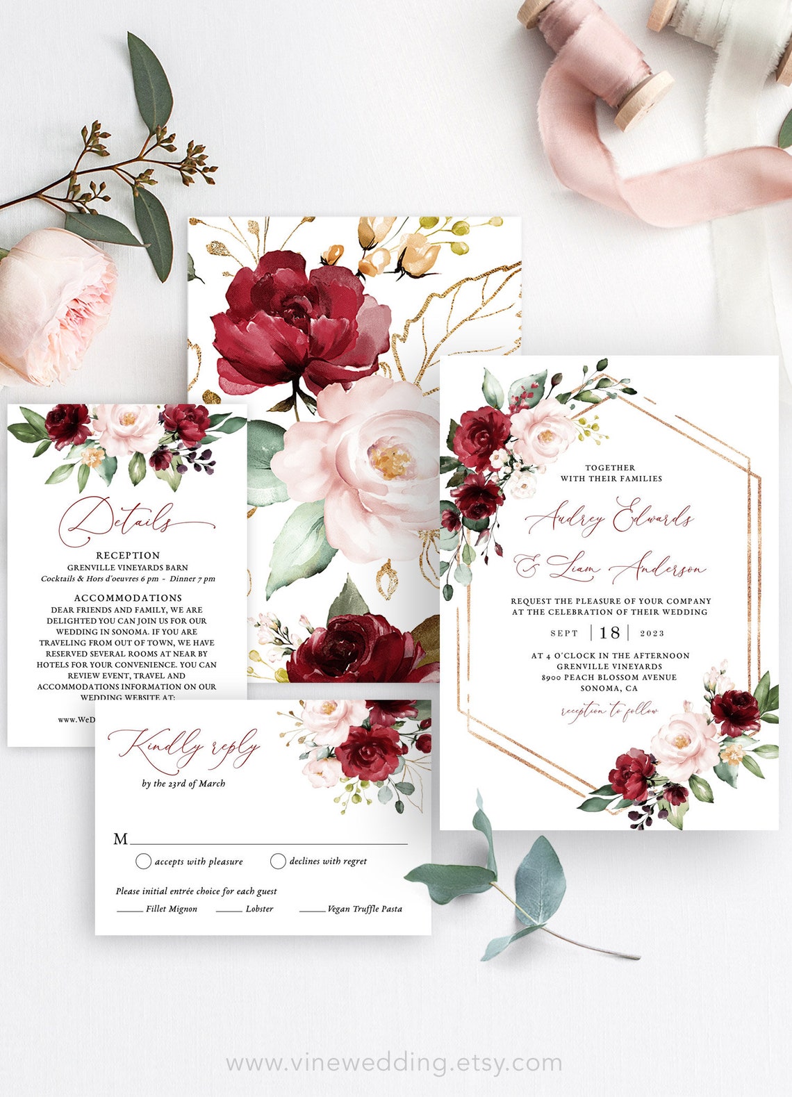 Burgundy Wedding Invitation Set Printable Wedding Invitation image 1