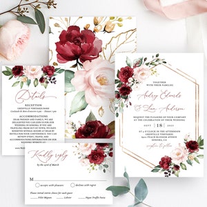 Burgundy Wedding Invitation Set Printable Wedding Invitation - Etsy
