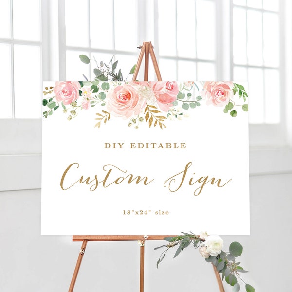 One Custom Sign Template, Editable DIY Large Sign, Landscape, Horizontal, Wedding, Bridal Shower, Blush Pink Floral, VWC94, VWC95