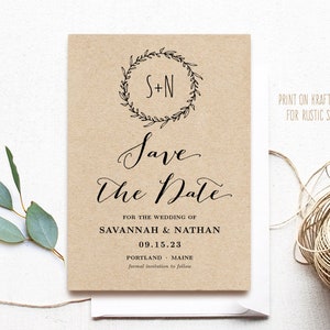 Printable Save the Date Card Template, Rustic Save the Date Card, Editable Text, Kraft, Classic Wreath, VW06