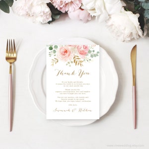 Printable Wedding Thank You Note Card, Blush Pink Floral Thank You Note Card Template, Editable Text, 4x6 and 5x7, VWC94