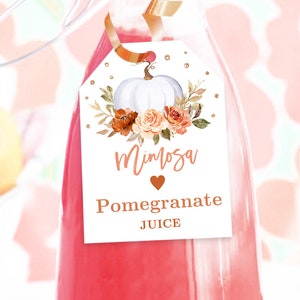 Editable Mimosa Bar Juice Tag Template, Printable Mimosa Bar Juice Tags, Bridal Shower, Fall, Autumn, Pumpkin, Floral, Gold, VWC75