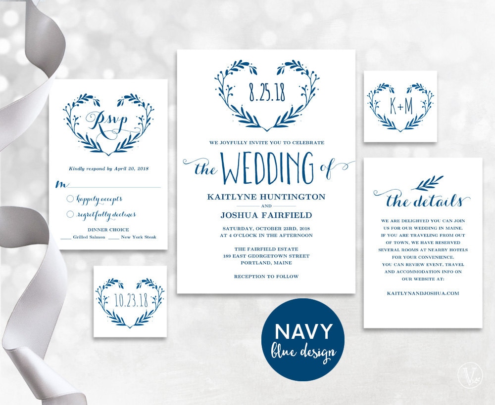 Navy Blue Wedding Invitation Printable Wedding Invitation | Etsy