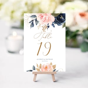 Wedding Table Numbers, Printable Table Number Card Template, 5x7 or 4x6, Navy and Blush Pink Floral, Blue, Blush, Gold, VWT13