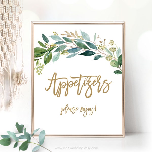 Appetizers Sign, Bridal Shower Appetizers Sign, Wedding Appetizers Table Sign, Boho Greenery, Rustic, Gold, VWC79, VWC77