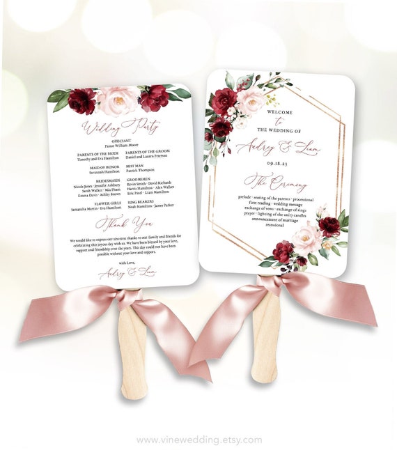 Wedding Fan Program Printable Wedding Programs Template Editable Text Calligraphy Burgundy Pink Floral VWT14 Etsy France