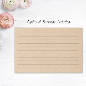 May include: A blank, lined card with the text "Optional Backside Included" printed at the top. The card is on a white wooden surface.