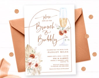 Brunch & Bubbly Invitation Printable, Boho Brunch and Bubbly Bridal Shower Invitation Template, Editable, Pampas, Champagne Brunch, VWC69