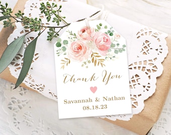 Wedding Favor Tags, Editable Wedding Favor Tag Template, Printable Favor Tags, Thank You, Blush Pink Floral, Pink, Gold, VWC94