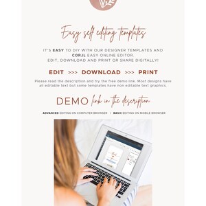 Puede incluir: Un ordenador port&aacute;til con una manta a rayas blancas y grises en el regazo de una persona que usa el ordenador. La pantalla muestra una plantilla de dise&ntilde;o con el texto "Gracias". El texto de la p&aacute;gina dice: "Plantillas de edici&oacute;n f&aacute;ciles. Es f&aacute;cil de hacer t&uacute; mismo con nuestras plantillas de dise&ntilde;o y el editor en l&iacute;nea f&aacute;cil de Corjl. Editar, descargar e imprimir o compartir digitalmente. Editar >> Descargar >> Imprimir. Por favor, lee la descripci&oacute;n y prueba el enlace de demostraci&oacute;n gratuito. La mayor&iacute;a de los dise&ntilde;os tienen todo el texto editable, pero algunas plantillas tienen gr&aacute;ficos de texto no editables. Enlace de demostraci&oacute;n en la descripci&oacute;n. Edici&oacute;n avanzada en el navegador del ordenador | Edici&oacute;n b&aacute;sica en el navegador m&oacute;vil."