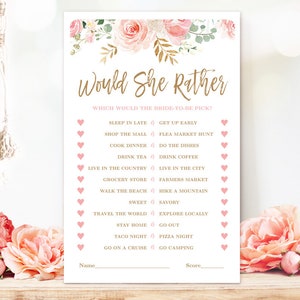 Bridal Shower Game, Would She Rather Game, Printable Bridal Party Games, Bridal Shower Games, Blush Pink Floral, VWC95