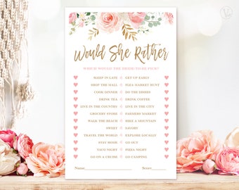 Bridal Shower Game, Would She Rather Game, Printable Bridal Party Games, Bridal Shower Games, Blush Pink Floral, VWC95