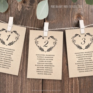 Wedding Seating Chart template, Header Signs and Table Seating Cards, Printable Wedding Table Chart, Rustic, Kraft, Heart Wreath, VW08