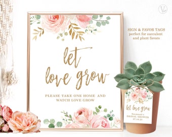 Let Love Grow Sign and Favor Tags, Printable Wedding or Bridal Shower Succulent Favors Tags, Floral, Blush Pink and Gold, VWC95