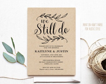 Vow Renewal Invitation Template, Printable Wedding Vow Renewal Invitation,  Kraft Invitation, Anniversary Vow Renewal, We Still Do, VW01