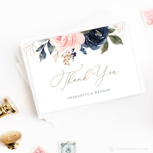 Navy and Blush Wedding Thank You Card, Editable Wedding Thank You Card Template, Printable, Floral, Pink, Gold, VWT13