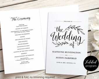 Wedding Program Template, Folded Wedding Program, Printable Wedding Program, Rustic, Vintage Wedding, VW01