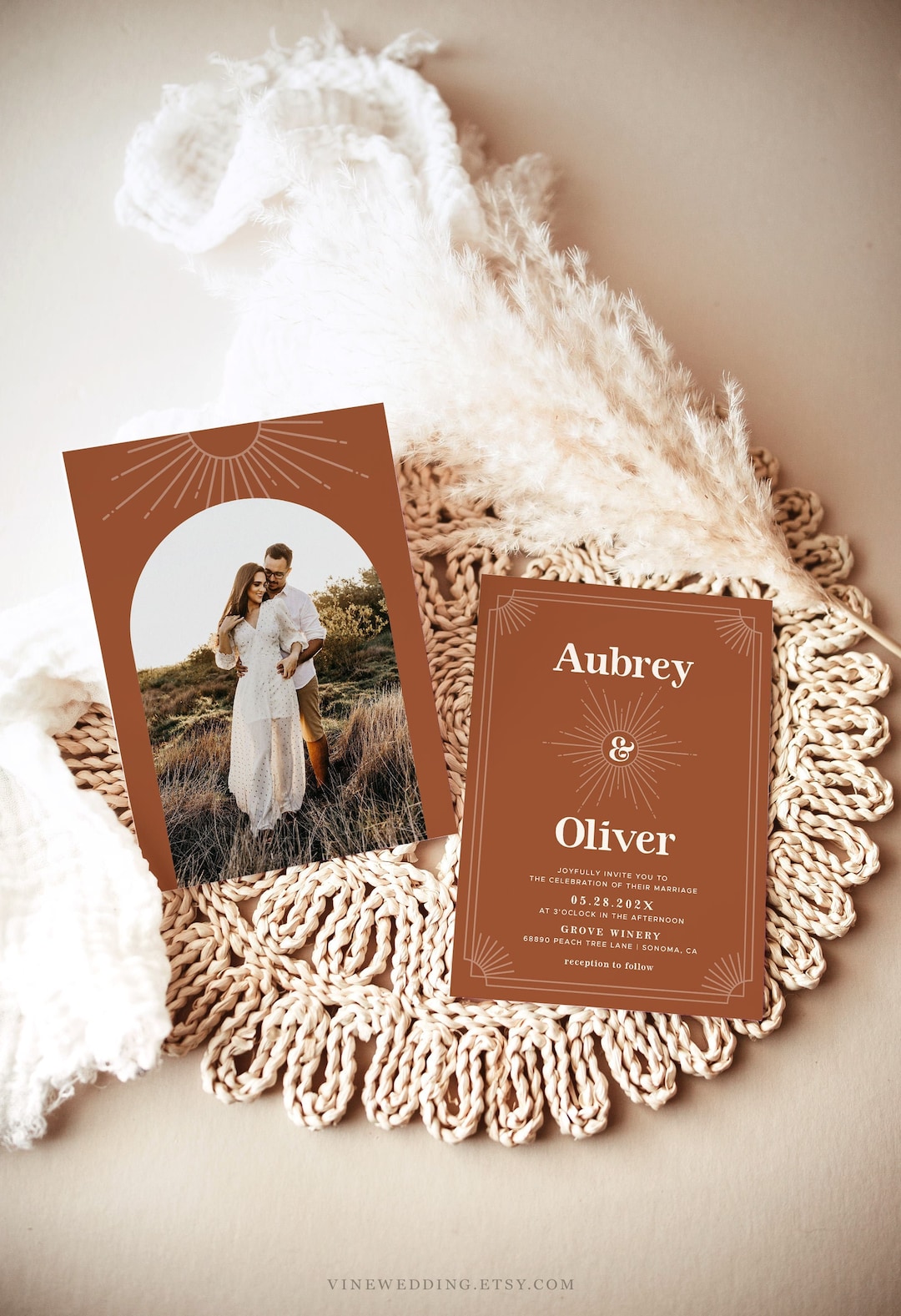 Terracotta Boho Wedding Invitation Template, Retro Wedding Invitation ...