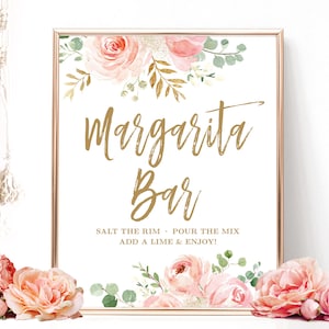 Blush Pink Floral Margarita Bar Sign, Printable Margarita Bar Sign, Bridal Shower Margarita Bar Sign, Floral, Gold, VWC95