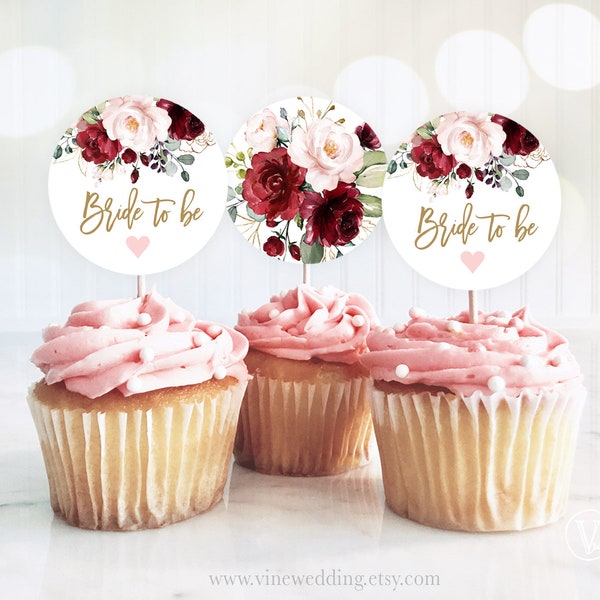 Bride to Be Cupcake Toppers, Printable Bridal Shower Cupcake Toppers, 2-inch, Burgundy Pink Floral, VWC83