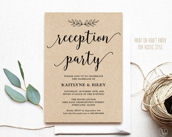 Wedding Reception Invitation, Printable Reception Party Card, Rustic, Editable Text, Modern Calligraphy, VWC88