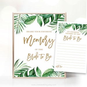Favorite Memory of the Bride-to-Be Sign and Notecards, Printable Bridal Shower Game sign and Note Card, Tropical Greenery, Gold, VWC81