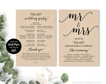 Op de afbeelding: Een huwelijksceremonieprogramma gedrukt op kraftpapier met de tekst "wedding party" en "mr & mrs" in cursief. Het programma vermeldt de ambtenaar, de bruiloftsgasten en de volgorde van de ceremonie. De datum van de bruiloft is 10.18.23.