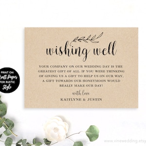 Wishing Well Card Template, Printable Wedding Wishing Well Card, DIY Wishing Well Cards, Editable Text, Rustic, Kraft, VW01