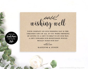 Wishing Well Card Template, Printable Wedding Wishing Well Card, DIY Wishing Well Cards, Editable Text, Rustic, Kraft, VW01