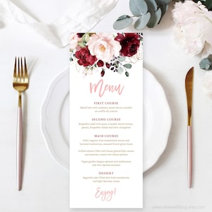 Printable Menu Template, Bridal Shower Menu, DIY Menu, Tall Menu, Table Menu, Blush Burgundy Pink Floral, Gold, Plum, VWC83