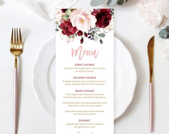 Printable Menu Template, Bridal Shower Menu, DIY Menu, Tall Menu, Table Menu, Blush Burgundy Pink Floral, Gold, Plum, VWC83