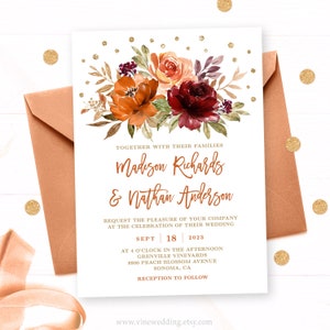 Fall Wedding Invitation Set with RSVP, Details Card, Editable Wedding Invitation Template, Printable, Rust, Terracotta, Autumn Floral, VWC74
